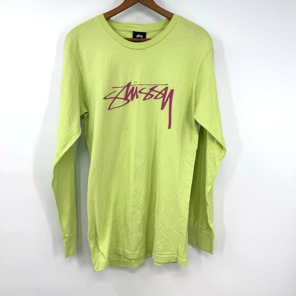 Stussy Y2K Long Sleeve Shirt Mens S Neon Green Large Logo Pink Skate Street Punk - Picture 1 of 6